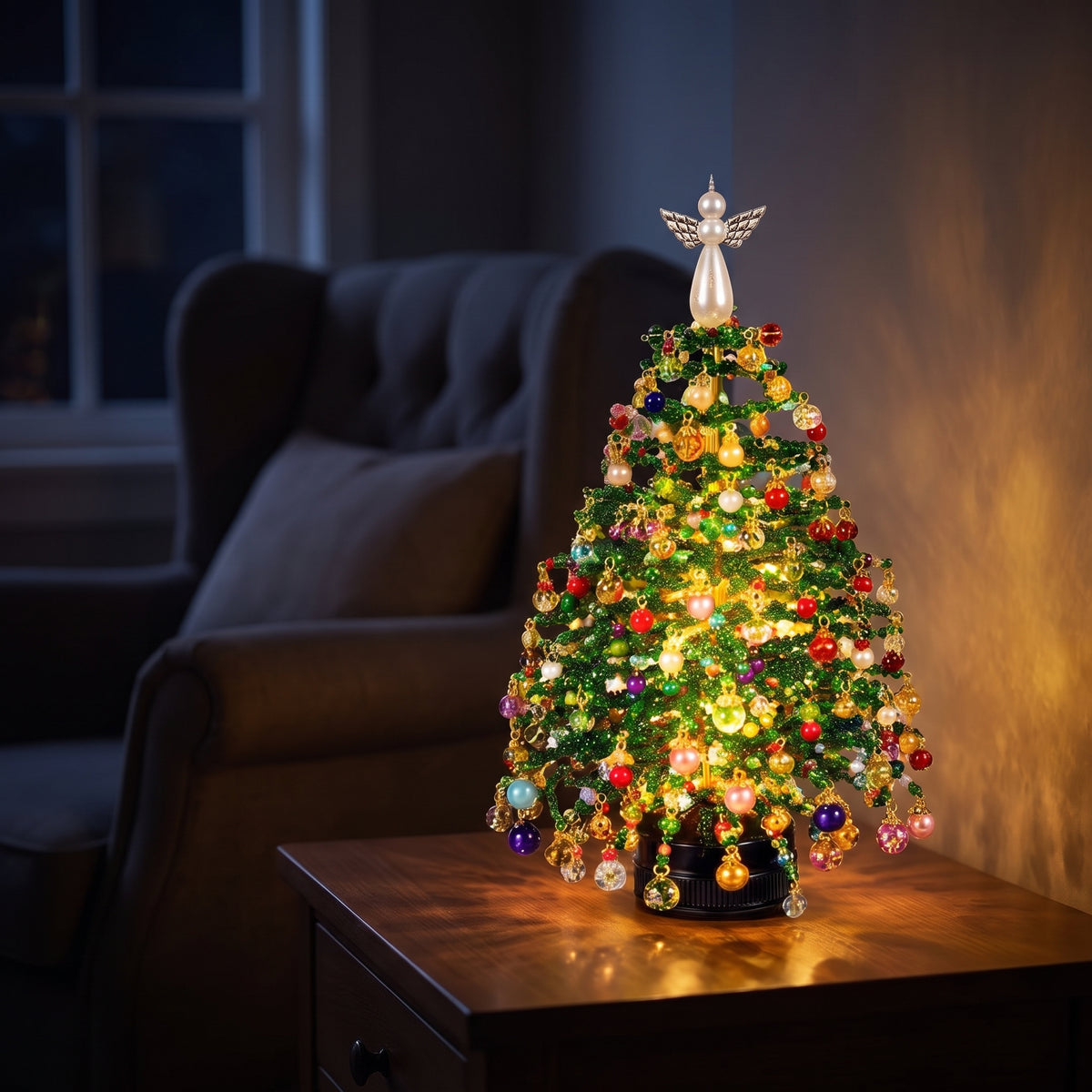 Beaded Christmas tree glowing in a dark room