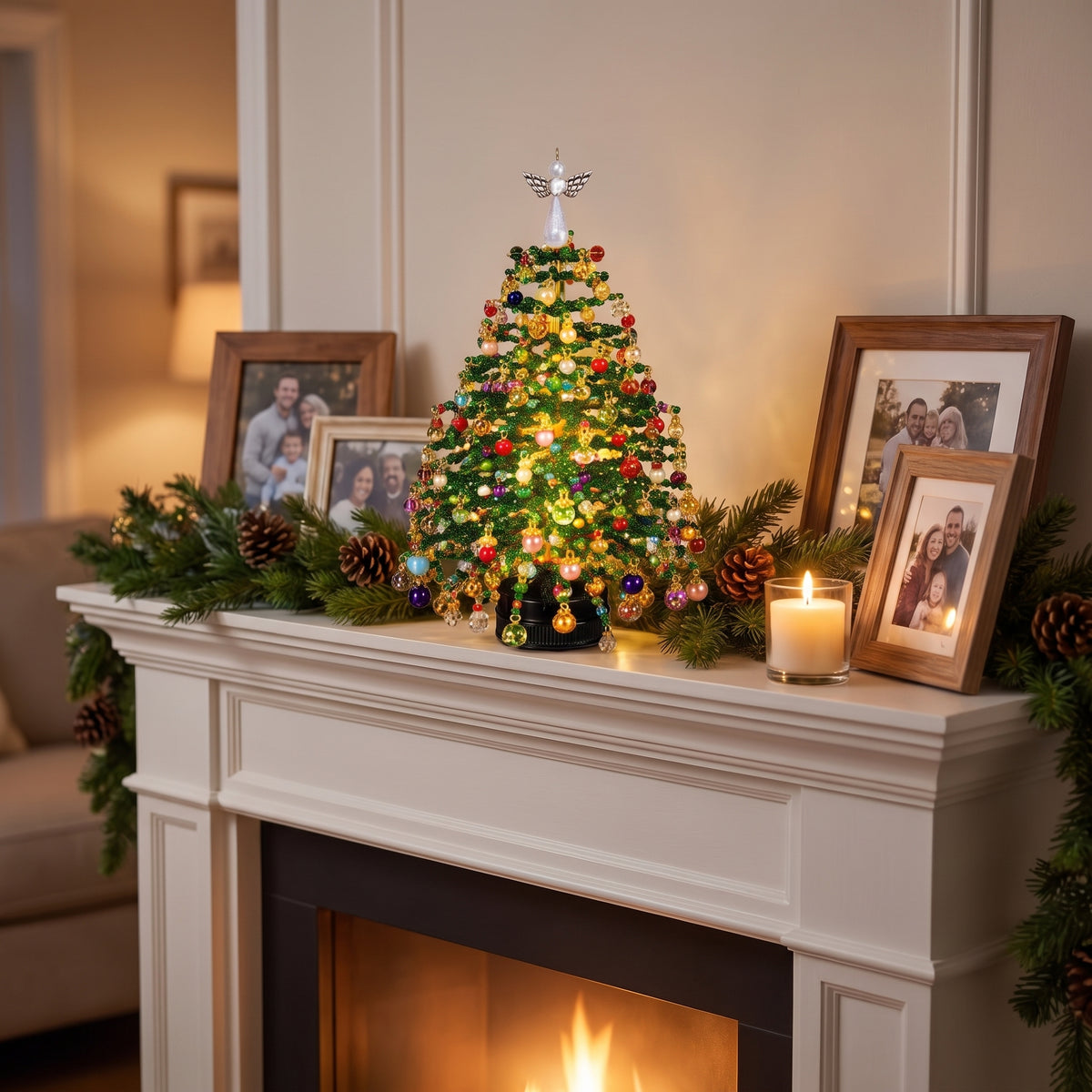 Lit beaded Christmas tree on a fireplace mantel