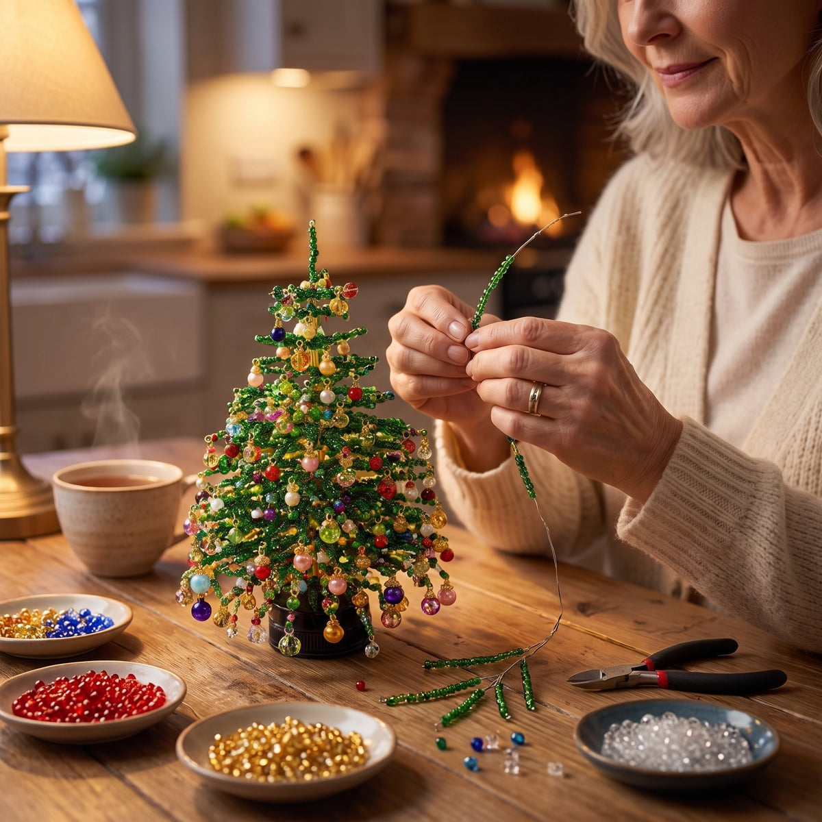 Hands threading beads onto a branch wire