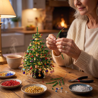 Hands threading beads onto a branch wire