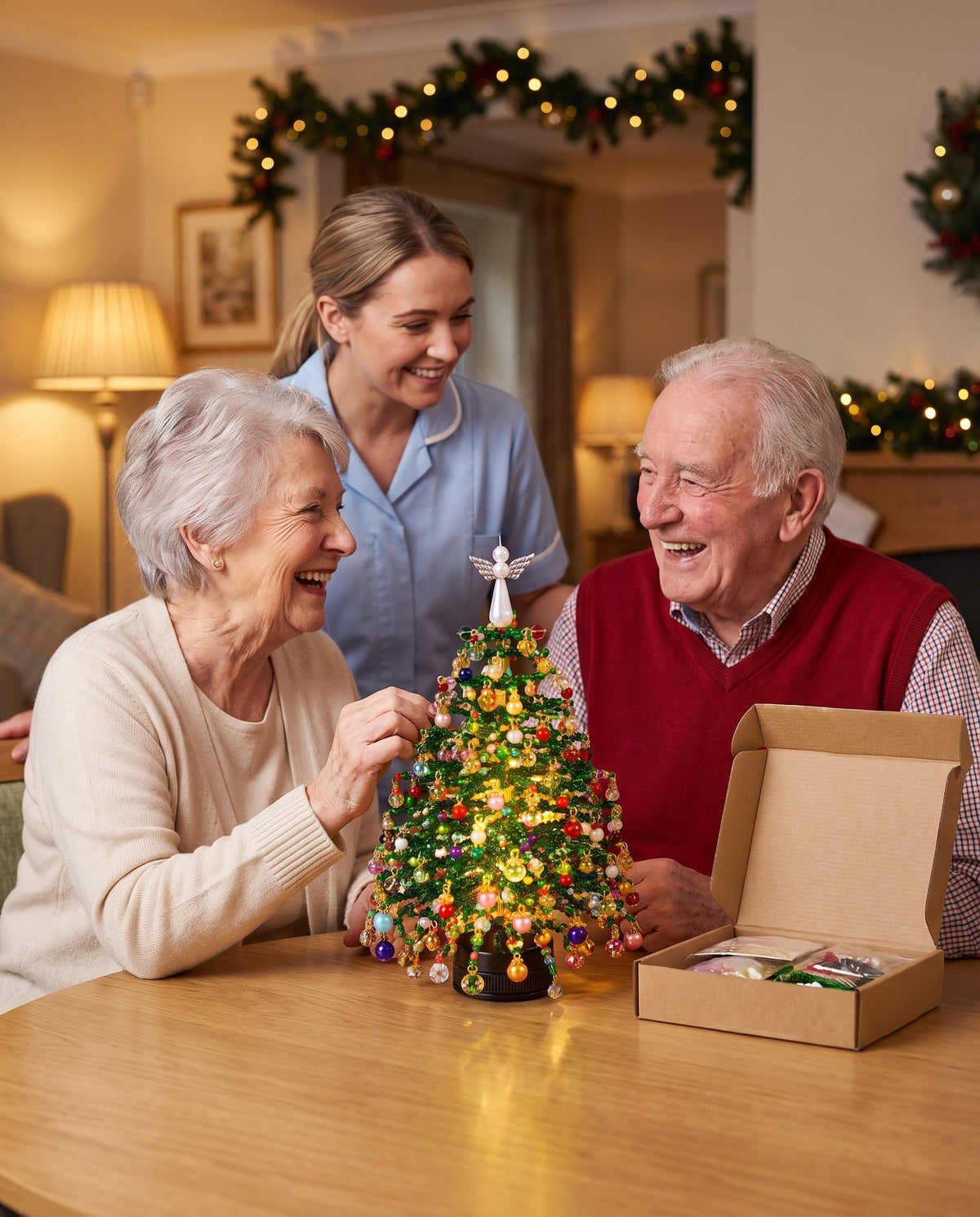 Care home residents enjoying a glowing Lifely beaded tree