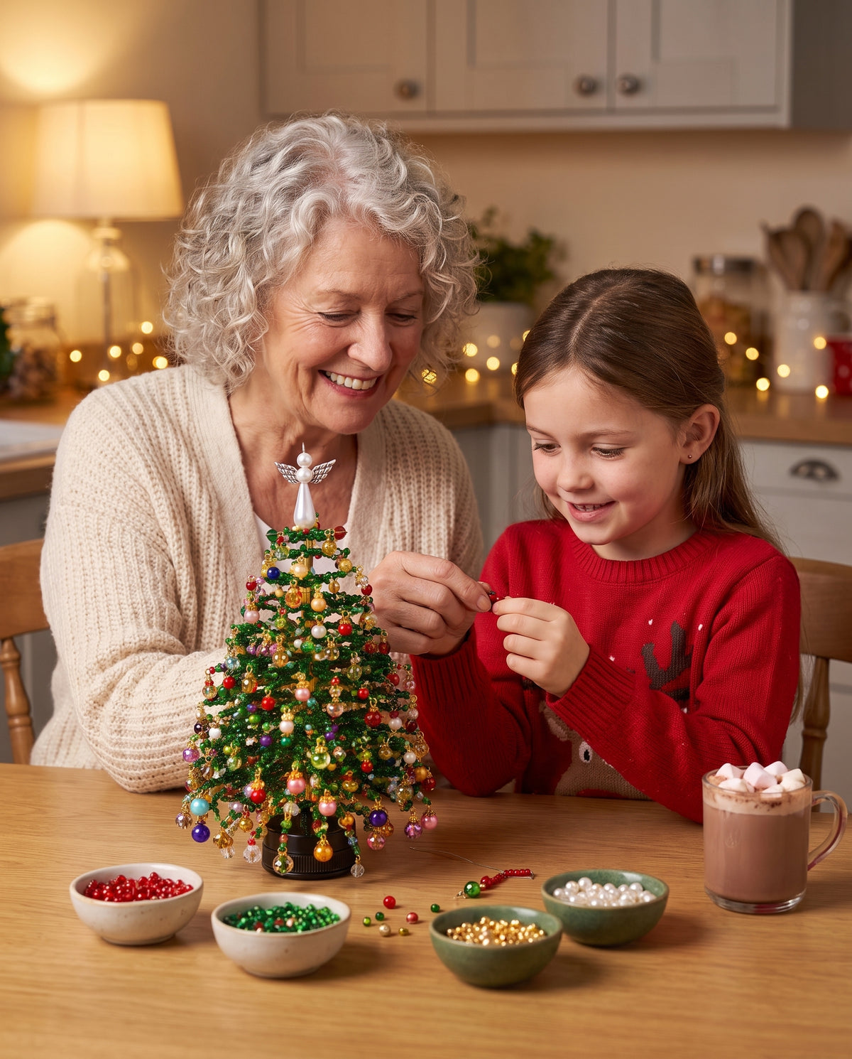 Grandmother and granddaughter building a beaded Christmas tree together