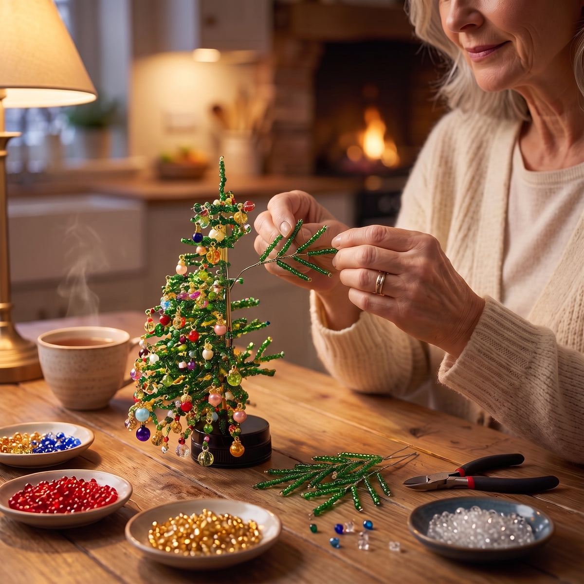Hands attaching a beaded branch to a half-built beaded tree